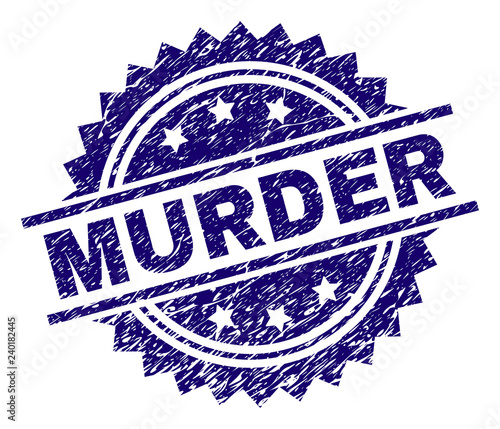 MURDER stamp seal watermark with distress style. Blue vector rubber print of MURDER label with corroded texture.