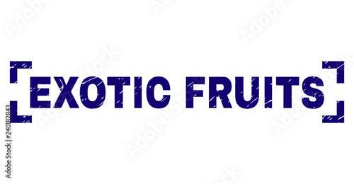 EXOTIC FRUITS caption seal print with grunge style. Text caption is placed inside corners. Blue vector rubber print of EXOTIC FRUITS with unclean texture.