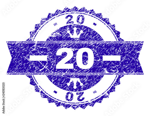 20 rosette stamp watermark with distress style. Designed with round rosette, ribbon and small crowns. Blue vector rubber watermark of 20 caption with dirty style.