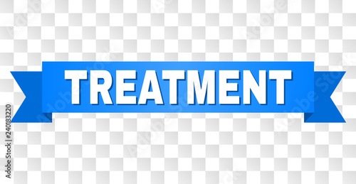 TREATMENT text on a ribbon. Designed with white title and blue stripe. Vector banner with TREATMENT tag on a transparent background.