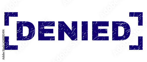 DENIED text seal stamp with distress texture. Text tag is placed inside corners. Blue vector rubber print of DENIED with retro texture.