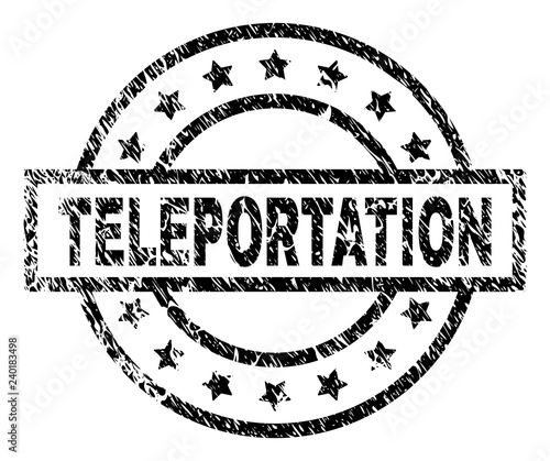 TELEPORTATION stamp seal watermark with distress style. Designed with rectangle, circles and stars. Black vector rubber print of TELEPORTATION caption with retro texture.