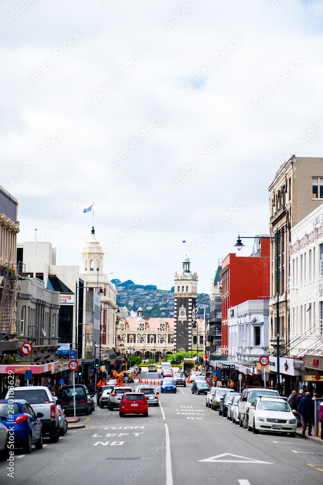 Fototapeta premium 2018 Nov 1st, New Zealand, Dunedin, View of the city and people in the morning.