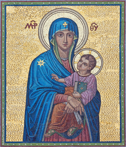 Photography PRAGUE, CZECH REPUBLIC - OCTOBER 12, 2018: The mosaic of Madonna on the facade of church Kostel Panny Marie Sněžné by Viktor Foerster (1900)