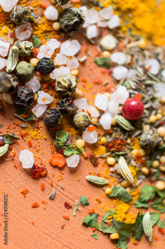 Macro spices, sea salt and pepper