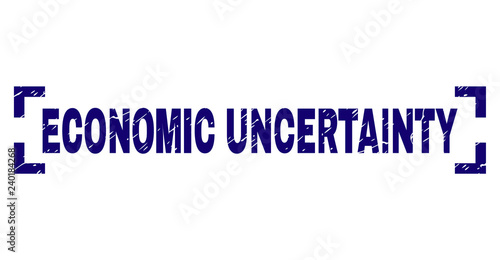 ECONOMIC UNCERTAINTY text seal stamp with grunge texture. Text caption is placed inside corners. Blue vector rubber print of ECONOMIC UNCERTAINTY with grunge texture.