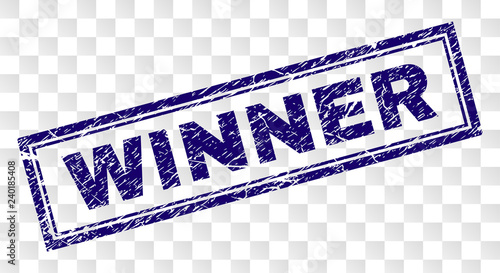 WINNER stamp seal print with scratched style and double framed rectangle shape. Stamp is placed on a transparent background. Blue vector rubber print of WINNER caption with scratched texture.