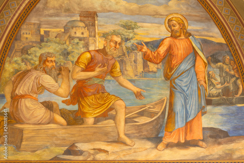 PRAGUE, CZECH REPUBLIC - OCTOBER 15, 2018: The fresco of Miracle fishing Jesus in church Bazilika svatého Petra a Pavla na Vyšehrade by S. G. Rudl (1895).