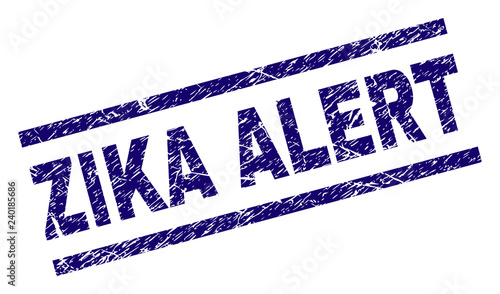 ZIKA ALERT seal watermark with scratced style. Blue vector rubber print of ZIKA ALERT caption with corroded texture. Text caption is placed between parallel lines.