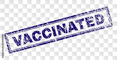 VACCINATED stamp seal print with scratched style and double framed rectangle shape. Stamp is placed on a transparent background. Blue vector rubber print of VACCINATED caption with scratched texture.