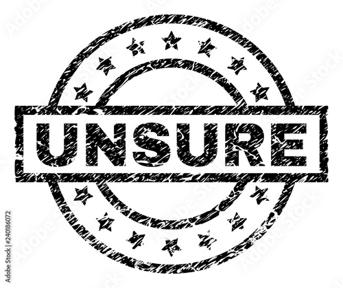 UNSURE stamp seal watermark with distress style. Designed with rectangle, circles and stars. Black vector rubber print of UNSURE caption with retro texture.