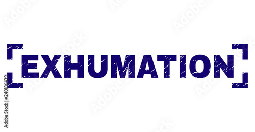 EXHUMATION text seal print with grunge texture. Text tag is placed between corners. Blue vector rubber print of EXHUMATION with unclean texture.