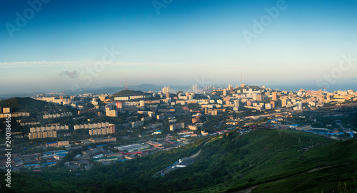 The main city of Primorsky region Rossi city port of Vladivostok. View of the port city of Vladivostok, the top of the Hill.