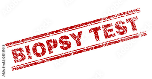 BIOPSY TEST seal print with grunge texture. Red vector rubber print of BIOPSY TEST caption with retro texture. Text caption is placed between double parallel lines.