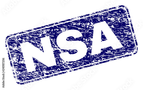 NSA stamp seal imprint with grunge texture. Seal shape is a rounded rectangle with frame. Blue vector rubber print of NSA text with grunge texture.