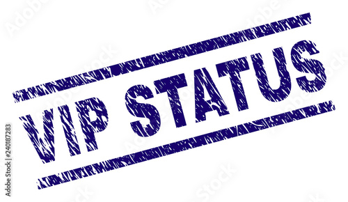 VIP STATUS seal watermark with scratced style. Blue vector rubber print of VIP STATUS tag with scratched texture. Text tag is placed between parallel lines.