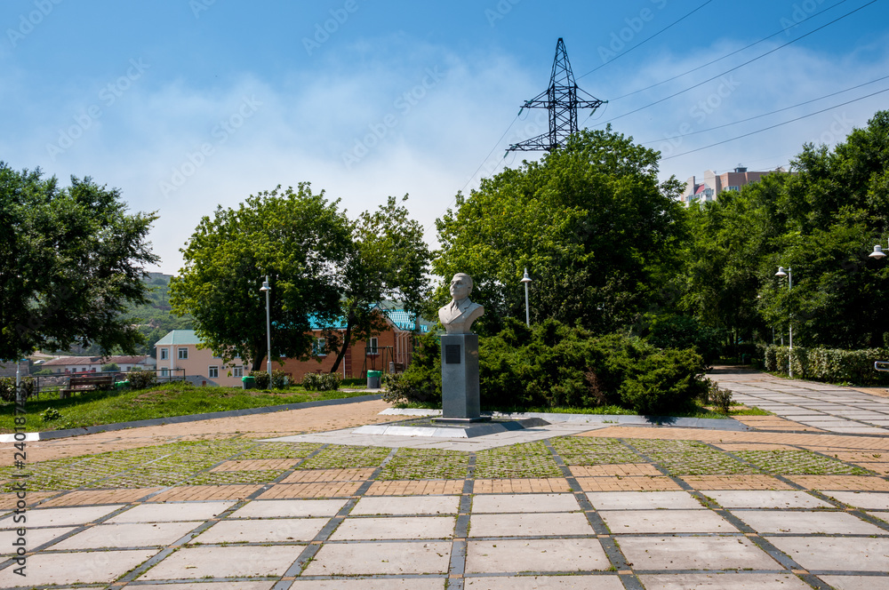 Russia, Vladivostok, July 2018: Monument A.I. Shchetinina in square Shchetinina in summer