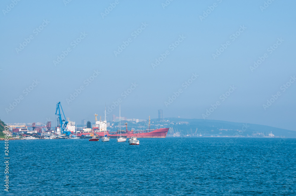 Russia, Vladivostok, July 2018: Ships in strait Bosphorus-East