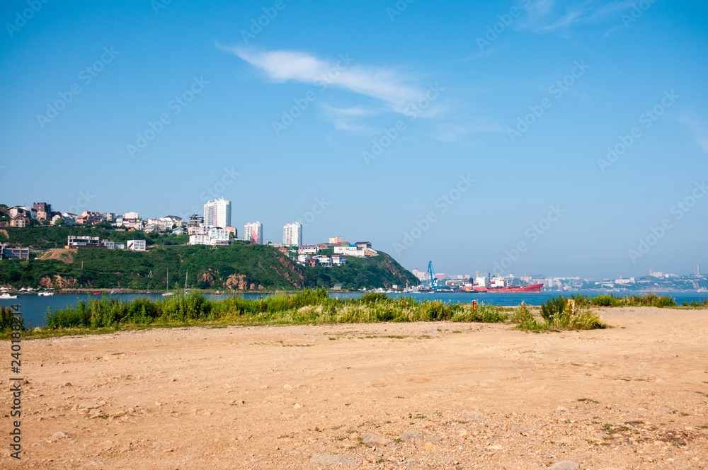 Summer landscape with city in background