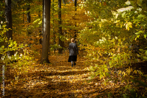 Girl Walking on Path of Fall Leaves