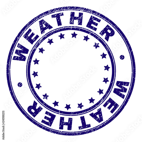 WEATHER stamp seal imprint with distress texture. Designed with round shapes and stars. Blue vector rubber print of WEATHER text with dust texture.