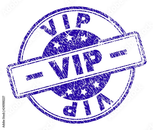 VIP stamp seal imprint with grunge style. Designed with rounded rectangles and circles. Blue vector rubber print of VIP label with grunge texture.