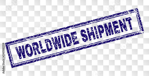 WORLDWIDE SHIPMENT stamp seal print with rubber print style and double framed rectangle shape. Stamp is placed on a transparent background.