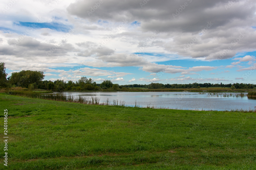 Rural Pond with Green Meadow and Cloudy Sky Rural Pond with Green Meadow and Cloudy Sky