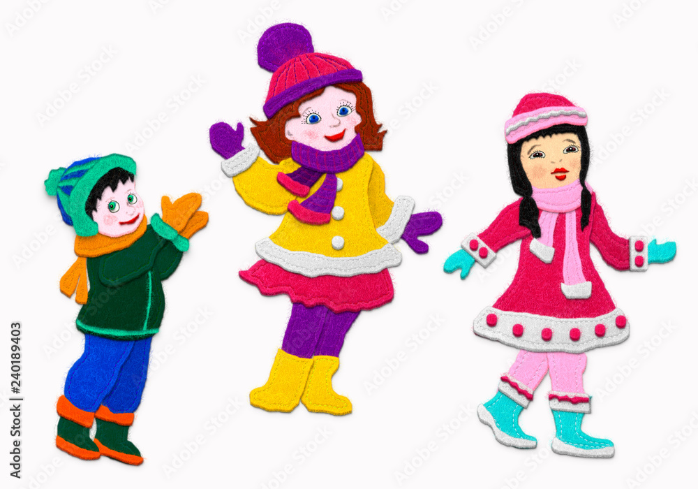 Kids in winter clothes.Imitation of applique fabric. Isolated on white background. Kids in winter clothes.Imitation of applique fabric. Isolated on white background.