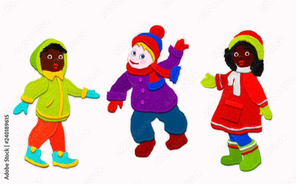 Kids in winter clothes.Imitation of applique fabric. Isolated on white background. Kids in winter clothes.Imitation of applique fabric. Isolated on white background.
