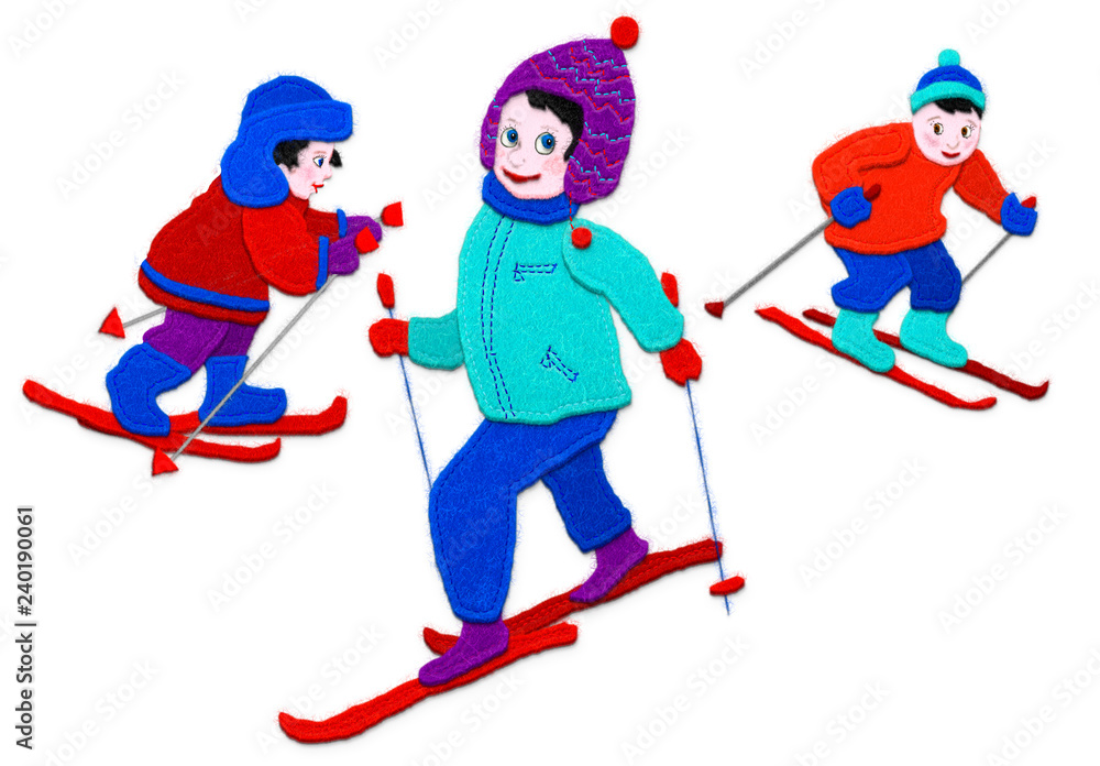 Children skiing.Imitation of applique fabric. Isolated on white background.