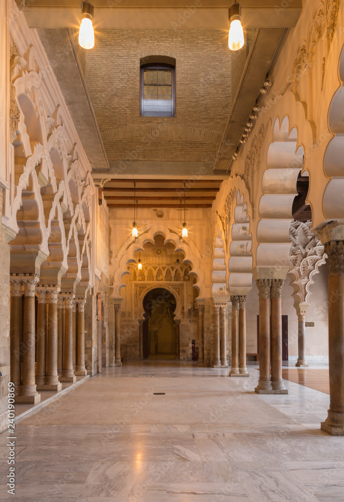ZARAGOZA, SPAIN - MARCH 2, 2018: The hall of La Aljaferia palace - Stays of the North Tire, with triple access to the Golden Hall.
