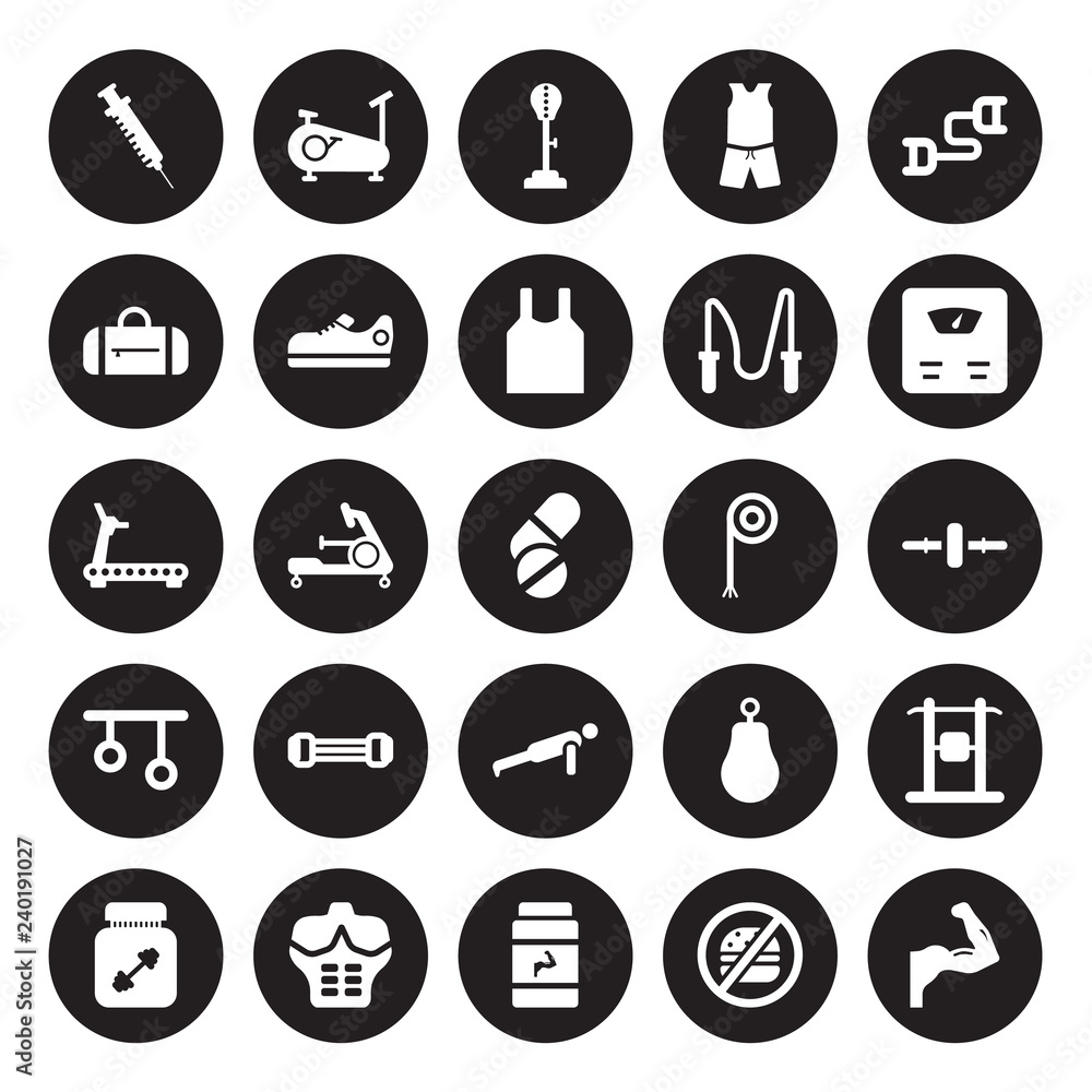 25 vector icon set : Steroids, No Fast Food, Phytonutrients, Press, Protein, Scale, Rope, Push up, Rings, Sport bag, Standing Punching Ball, Stationary bike isolated on black background. 25 vector icon set : Steroids, No Fast Food, Phytonutrients, Press, Protein, Scale, Rope, Push up, Rings, Sport bag, Standing Punching Ball, Stationary bike isolated on black background.