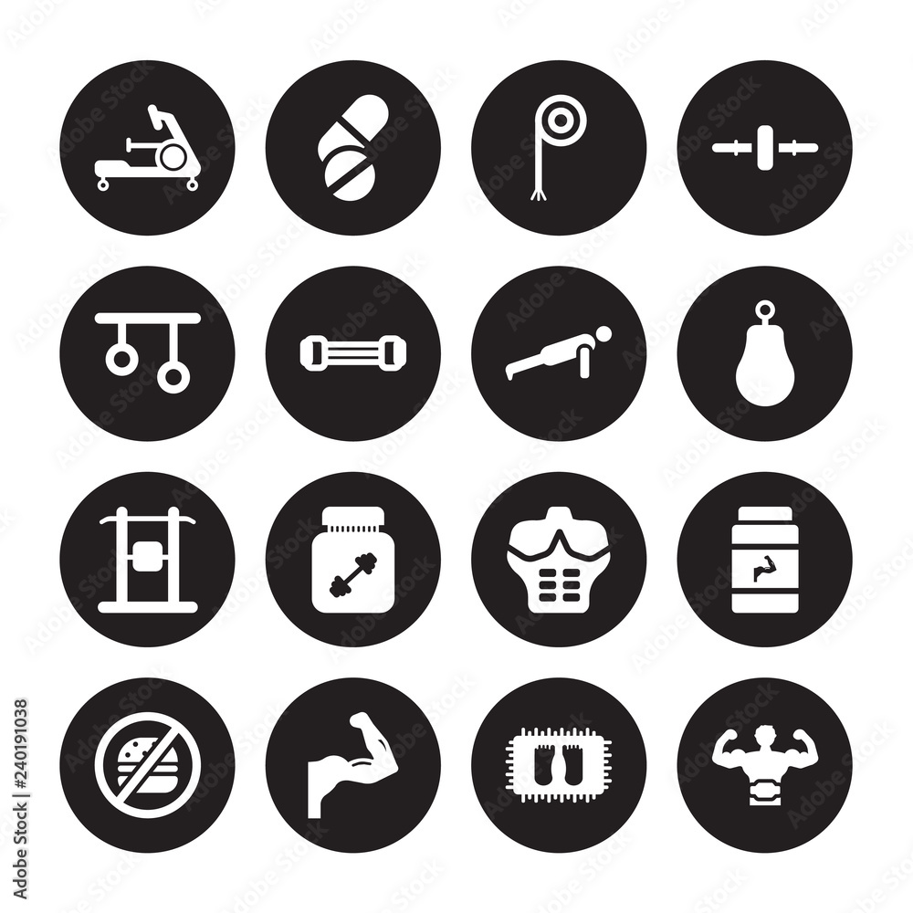 16 vector icon set : Rowing Machine, Mat, Muscles, No Fast Food, Phytonutrients, Lumbar belt, Rings, Protein shake, Push up isolated on black background 16 vector icon set : Rowing Machine, Mat, Muscles, No Fast Food, Phytonutrients, Lumbar belt, Rings, Protein shake, Push up isolated on black background