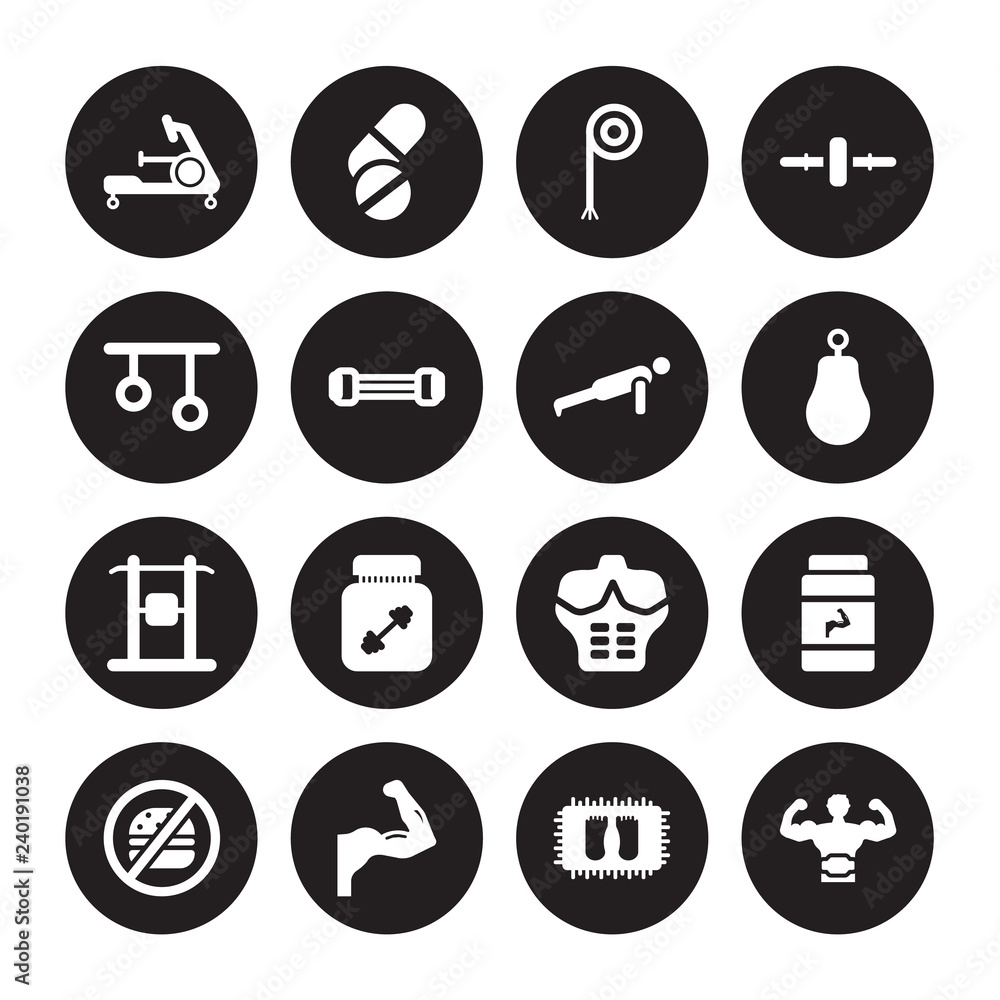 16 vector icon set : Rowing Machine, Mat, Muscles, No Fast Food, Phytonutrients, Lumbar belt, Rings, Protein shake, Push up isolated on black background