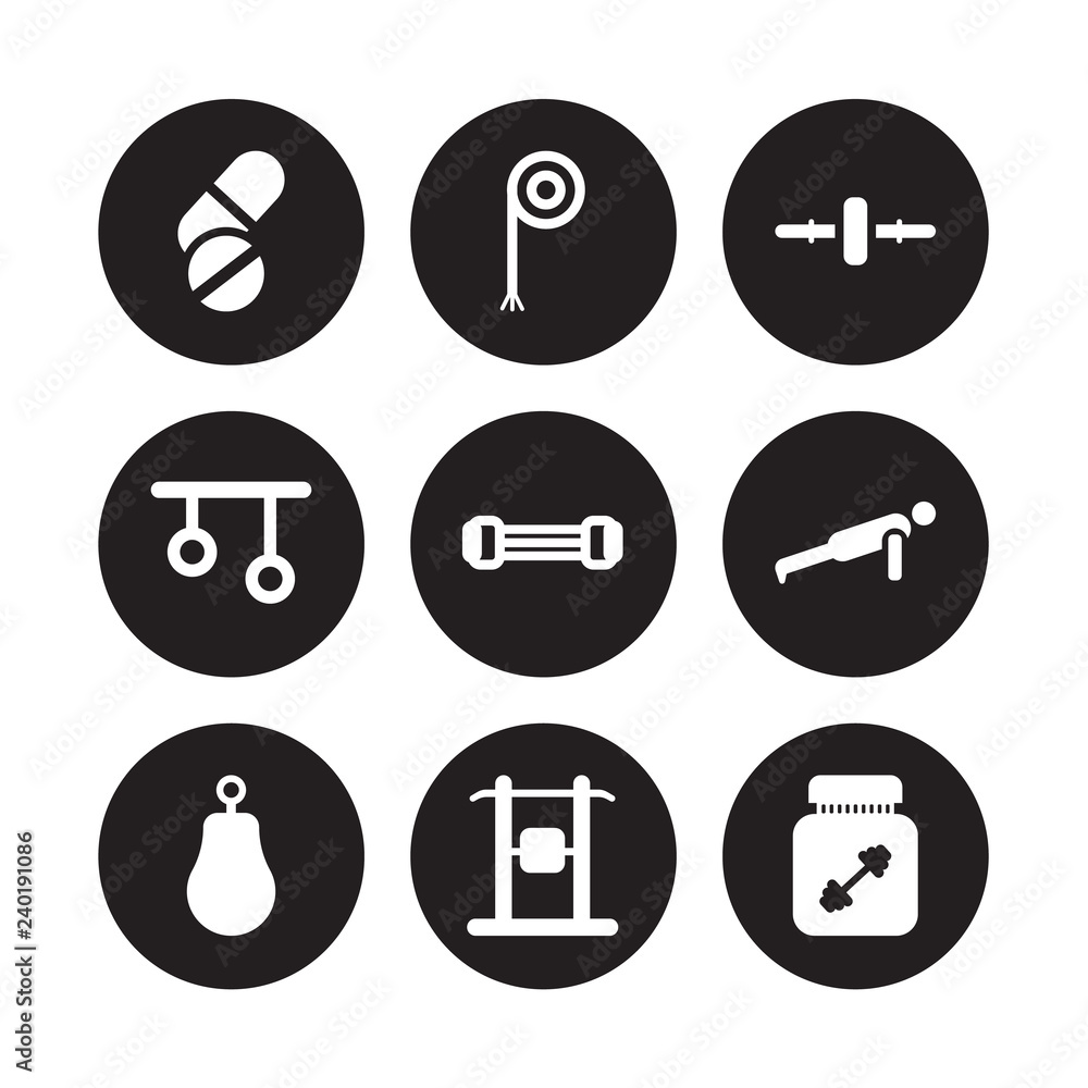 9 vector icon set : Press Simulator, Rope, Punching ball, Push up, Resistance band, Roller, Rings, Protein shake isolated on black background 9 vector icon set : Press Simulator, Rope, Punching ball, Push up, Resistance band, Roller, Rings, Protein shake isolated on black background