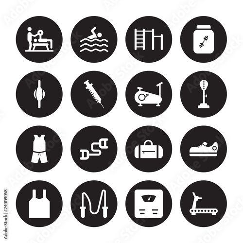 16 vector icon set : Trainer, Scale, Skipping Rope, Sleeveless, Sneakers, Running Machine, Stretching Punching Ball, Sport wear, Stationary bike isolated on black background
