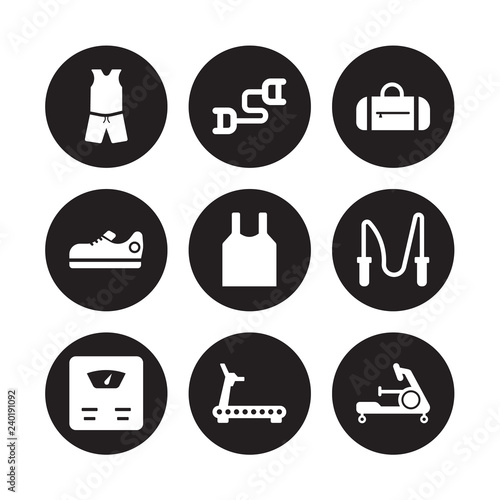 9 vector icon set : Sport wear, sport Expander, Scale, Skipping Rope, Sleeveless, bag, Sneakers, Running Machine isolated on black background