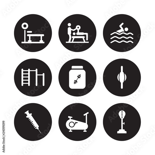 9 vector icon set : Trainer Rod, Trainer, Steroids, Stretching Punching Ball, Supplement, Swim, Swedish Wall, Stationary bike isolated on black background