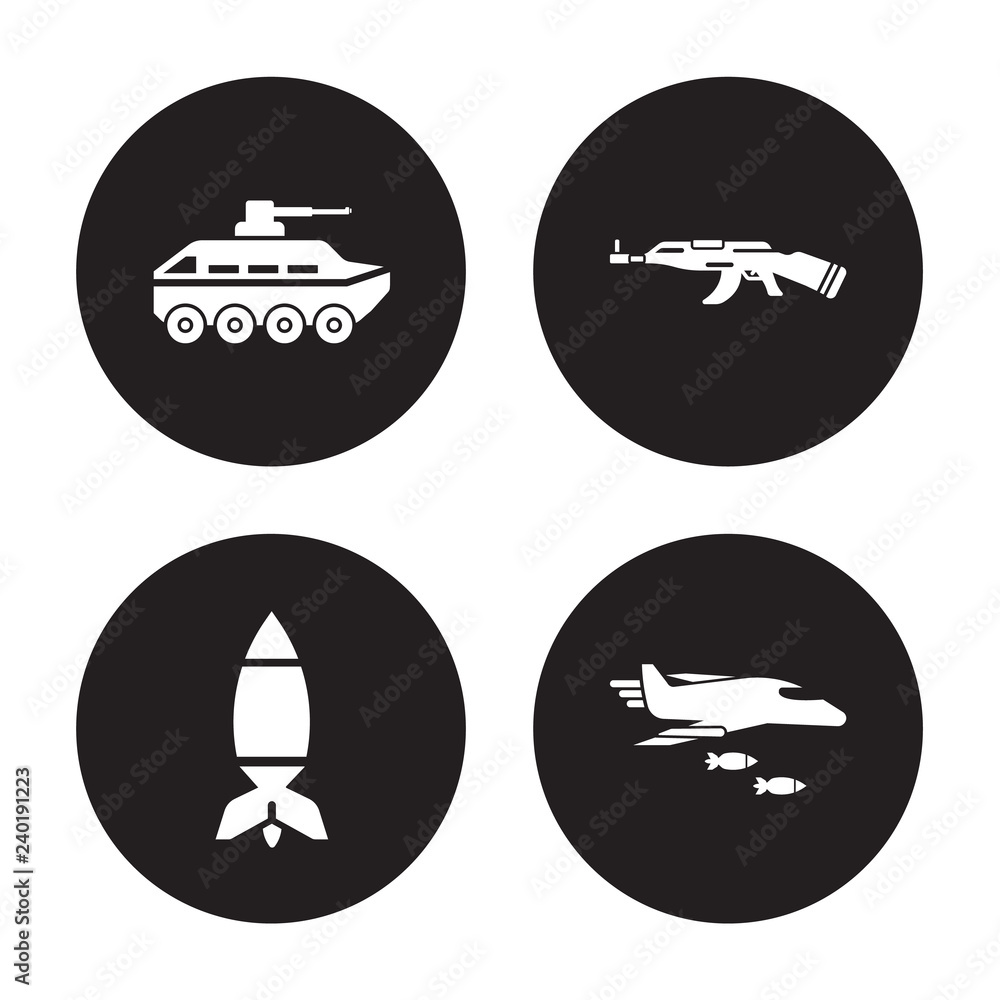 4 vector icon set : Armo Vehicle, Airplane Bomb, AK 47, Air force isolated on black background 4 vector icon set : Armo Vehicle, Airplane Bomb, AK 47, Air force isolated on black background