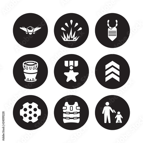 9 vector icon set : fighter plane, Explosion, Chamber, chevrons, Condecoration, Dog tag, Depth Charge, Bulletproof isolated on black background