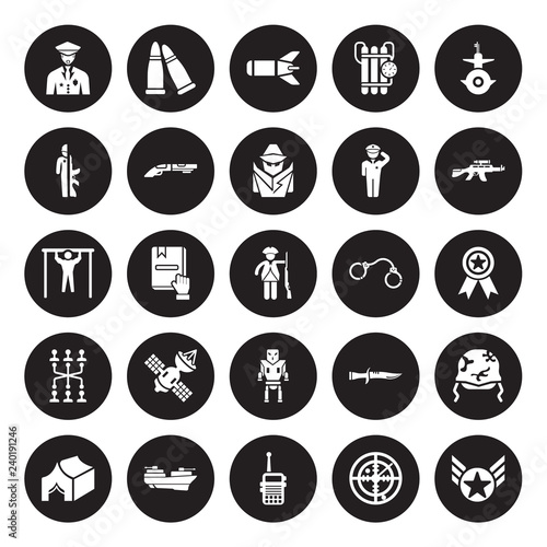 25 vector icon set : Veteran, Militar Radar, Radio, militar ship, Tent, Rifle, Pair of Handcuffs, Military robot machine, strategy isolated on black background.