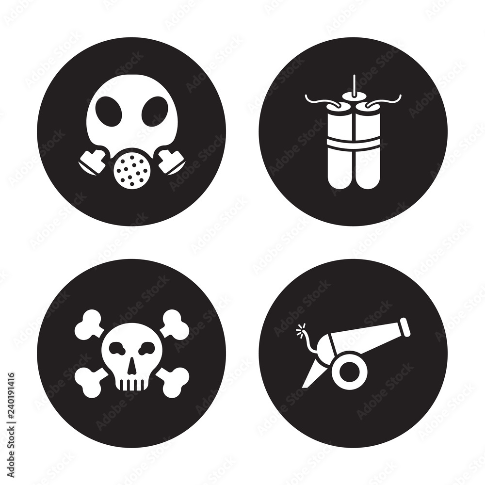 4 vector icon set : Gas mask, Dead, Dynamite, Cannon isolated on black background