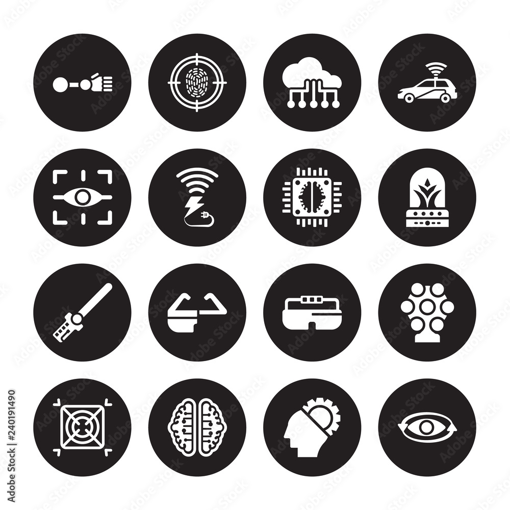 16 vector icon set : Bionic arm, AI, ai Brain, AI grid, Ar camera, 360 degrees, Augmented reality, wand, Artificial intelligence isolated on black background 16 vector icon set : Bionic arm, AI, ai Brain, AI grid, Ar camera, 360 degrees, Augmented reality, wand, Artificial intelligence isolated on black background