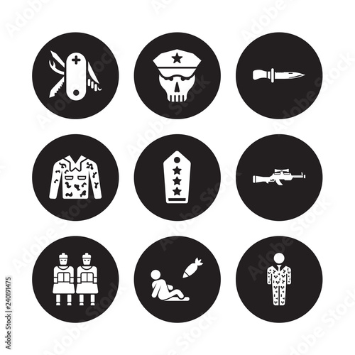 9 vector icon set   Swiss Army Knife  Skull Army  Terracotta  Sniper Rifle  Shoulder strap  combat knife  Camouflage military clothing  civilian isolated on black background