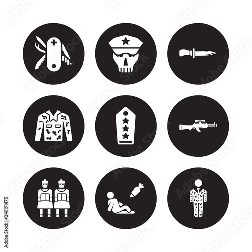 9 vector icon set : Swiss Army Knife, Skull Army, Terracotta, Sniper Rifle, Shoulder strap, combat knife, Camouflage military clothing, civilian isolated on black background