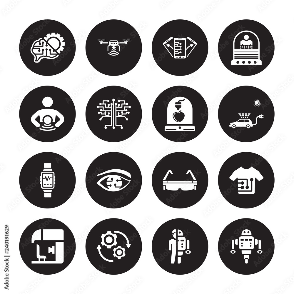 16 vector icon set : Unsupervised learning, Robots and humans, Rotation, Sensorama, Smart clothing, Robot assistant, Telekinesis, Smartwatch, Synthetic food isolated on black background