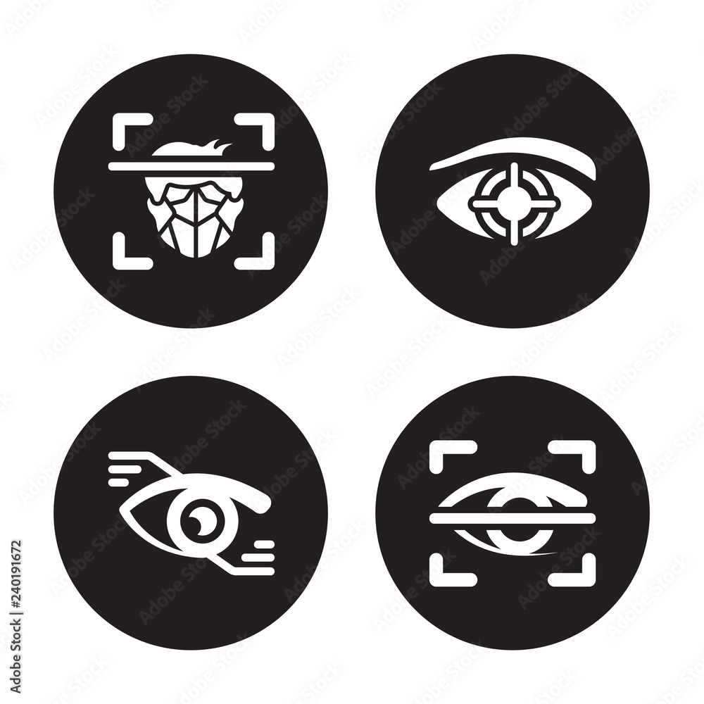 4 vector icon set : Face recognition, Eye tap, tracking, scan isolated on black background