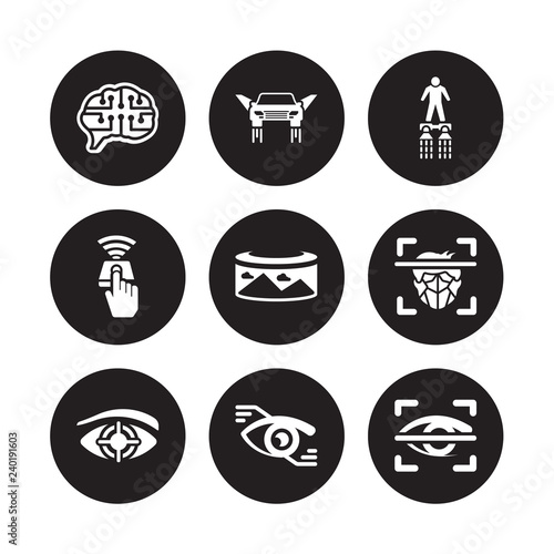 9 vector icon set : future Brain, Flying car, Eye tracking, Face recognition, Field of view, Flyboard, Finger control, tap isolated on black background