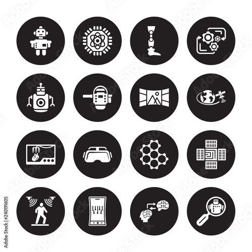 16 vector icon set : Robot, Mind transfer, Mobile flexible display, Motion sensor, Nano Microbots, Personal droid, Organ printing, Panoramic view isolated on black background